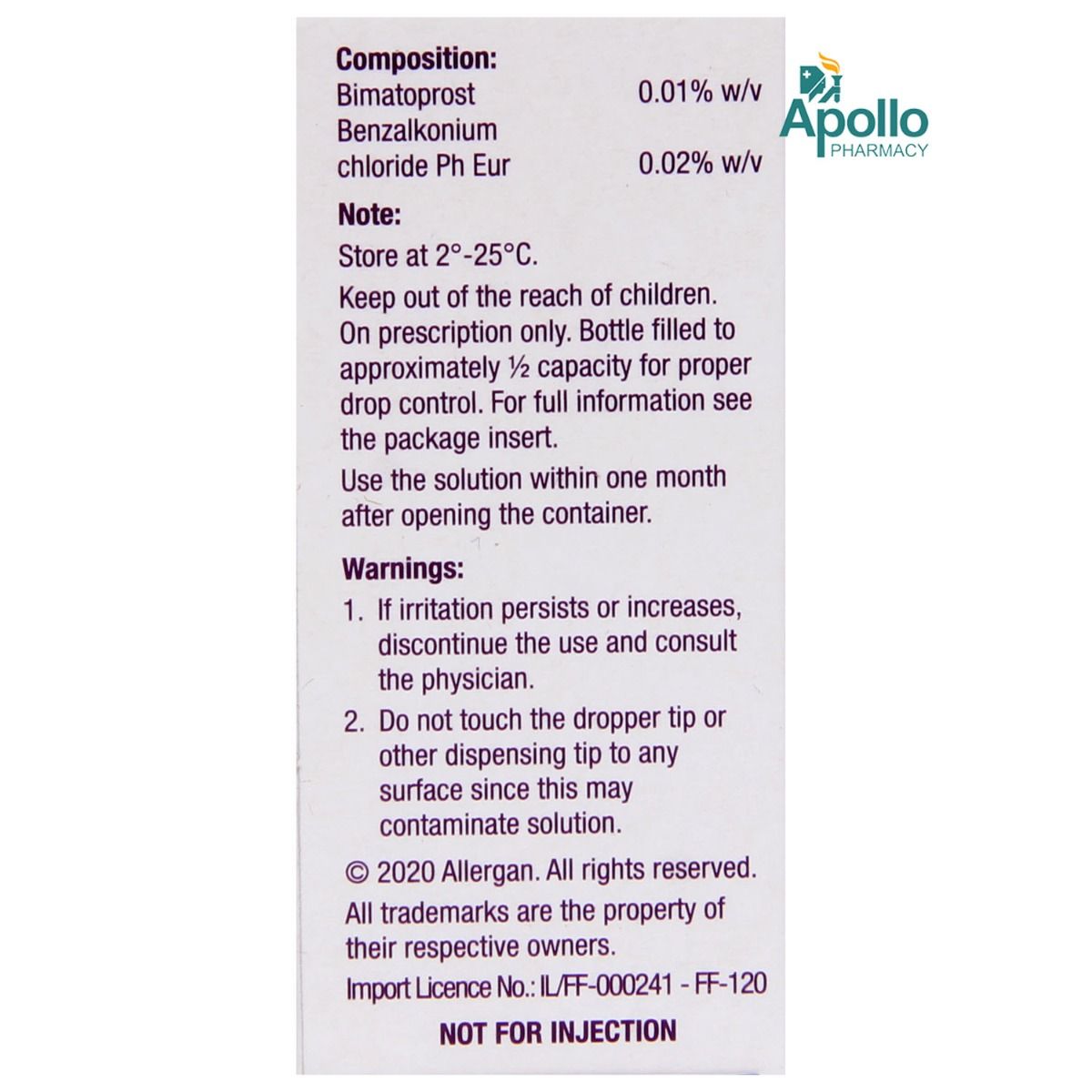 Lumigan 0.01 Ophthalmic Solution 3 ml Price, Uses, Side Effects