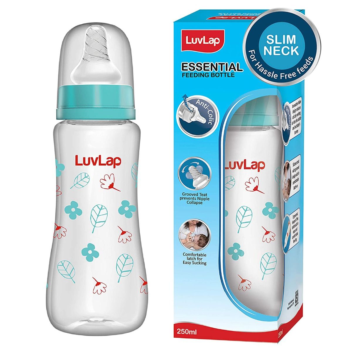 Buy Luvlap Anti-Colic Slim Neck Essential Feeding Bottle With Flowers, 250 ml Online