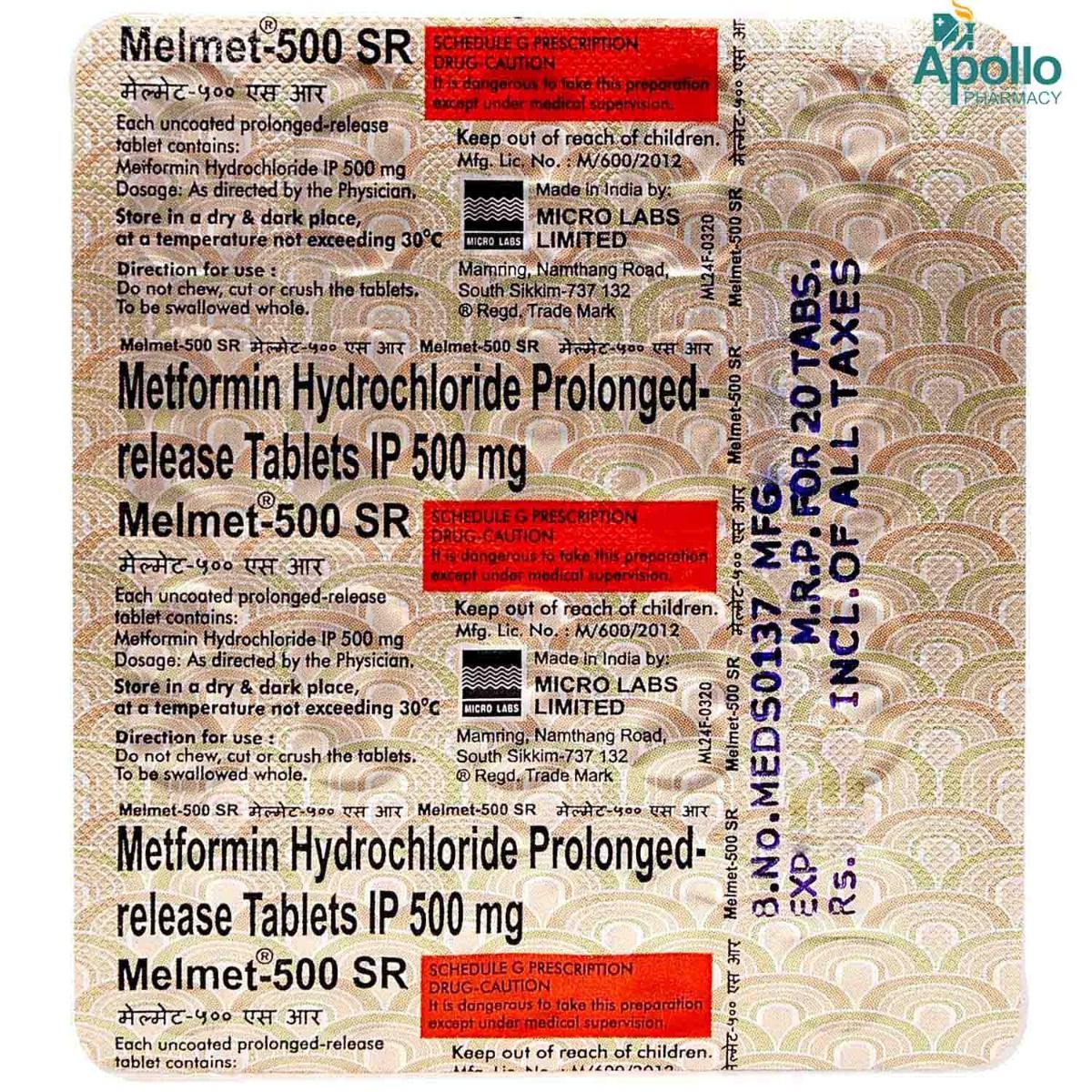 Melmet-500 SR Tablet 20's Price, Uses, Side Effects, Composition ...