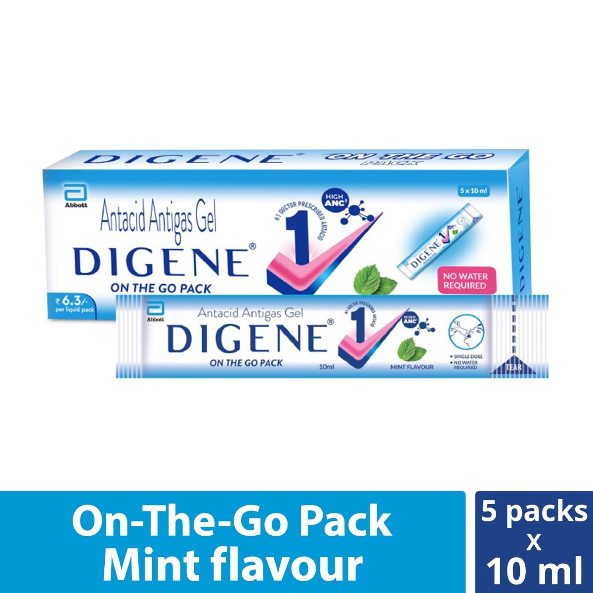 Digene On The Go Pack Mint Flavour Antacid Antigas Gel, 2x5 packs, Pack of 2 GELS