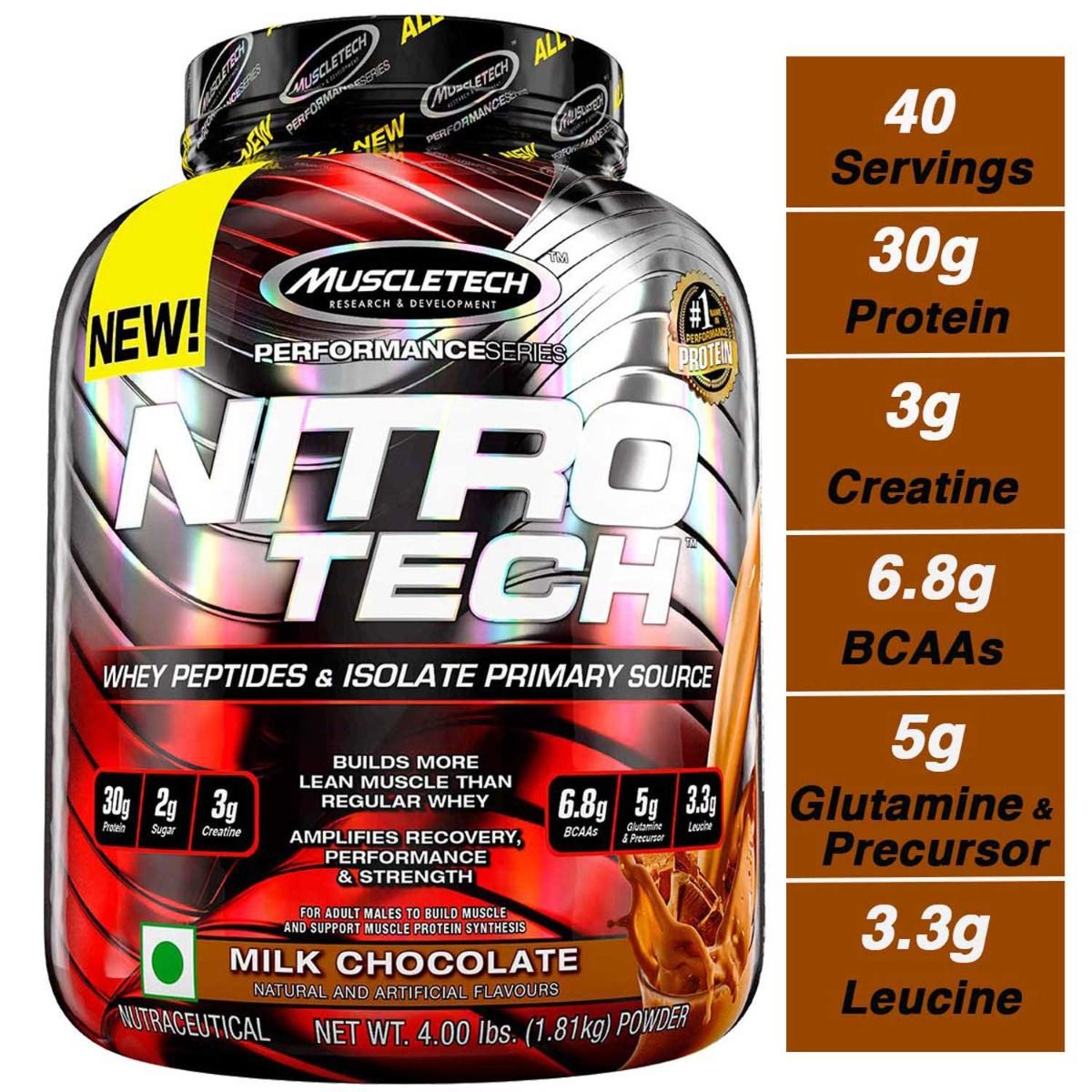 Buy Muscletech Nitrotech Performance Series Whey Peptides & Isolate Primary Source Milk Chocolate Flavour Powder, 4 lb Online