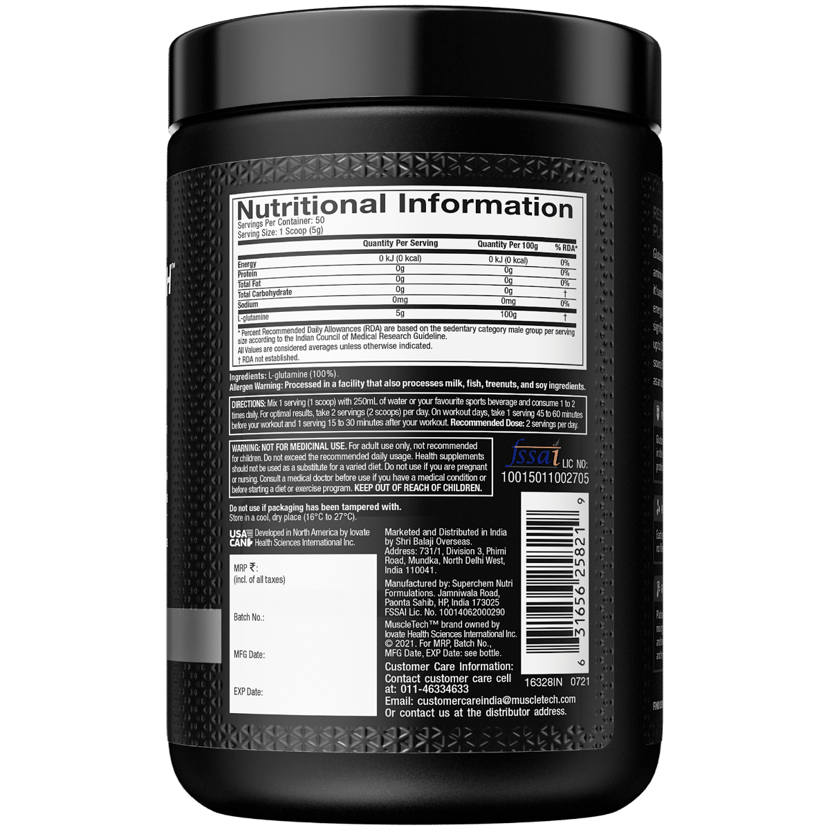 MuscleTech Platinum 100% Glutamine Unflavour Powder, 250 gm, Pack of 1 