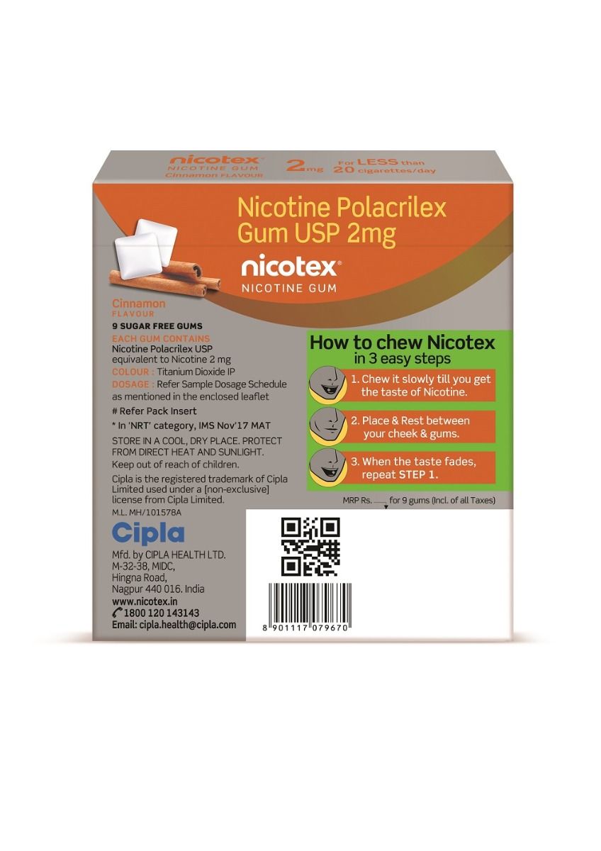 Nicotex Cinnamon Flavour Nicotine Gums 2 mg, 9 Count, Pack of 1 
