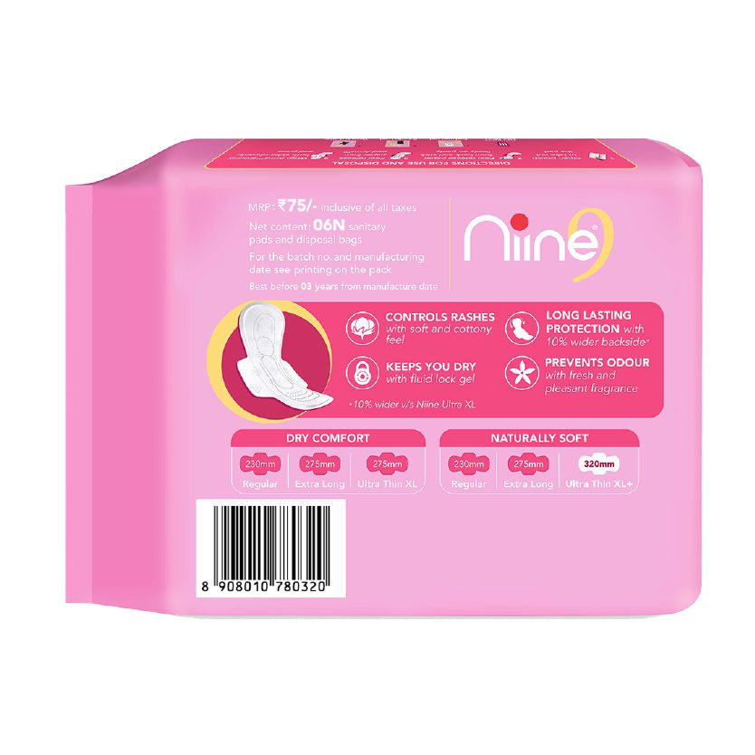 Buy Niine Naturally Soft Ultra Thin Heavy Flow Sanitary Napkin XL+, 6 Count Online