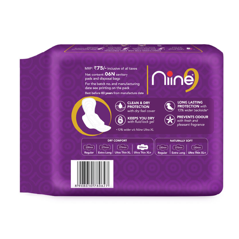 Buy Niine Dry Comfort Ultra Thin Heavy Flow Sanitary Napkin XL+, 6 Count Online