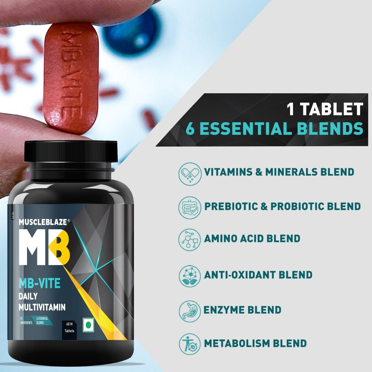 MuscleBlaze MBVITE Daily Multivitamin, 60 tablets Price, Uses, Side Effects, Composition