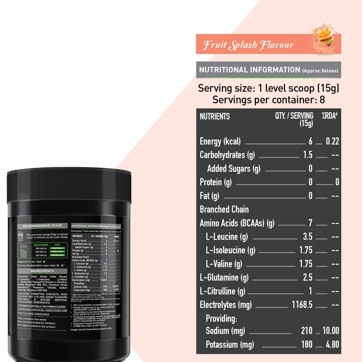 MuscleBlaze BCAA Pro Powerful Intra-Workout Watermelon & Fruit Splash Flavour Powder, 250 gm, Pack of 1 