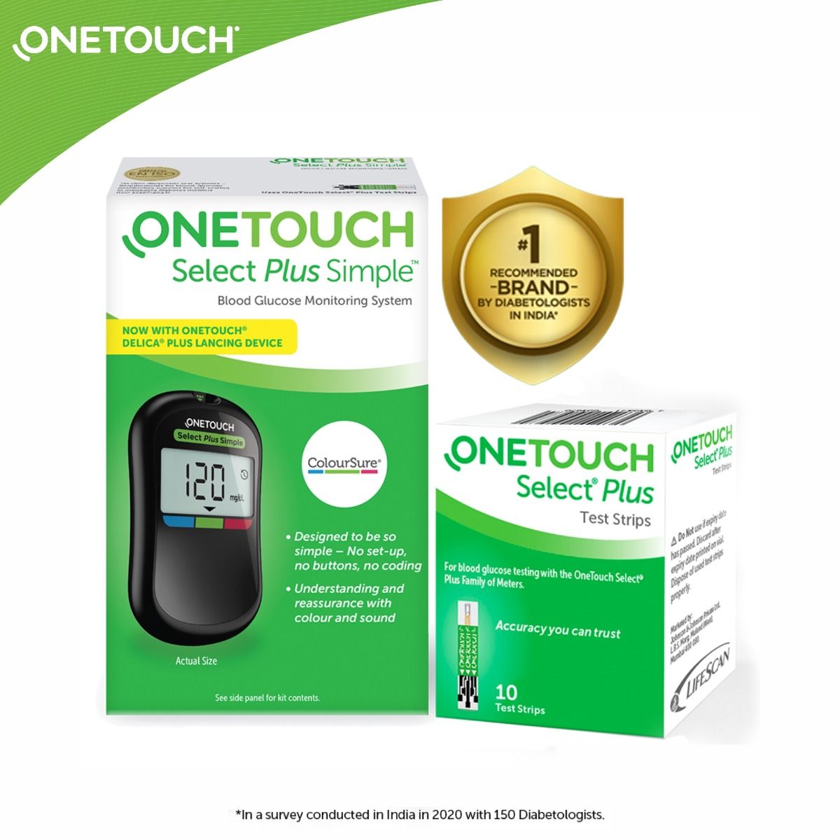 Buy OneTouch Select Plus Simple Glucometer (FREE 10 strips + lancing device + 10 lancets), 1 Kit Online