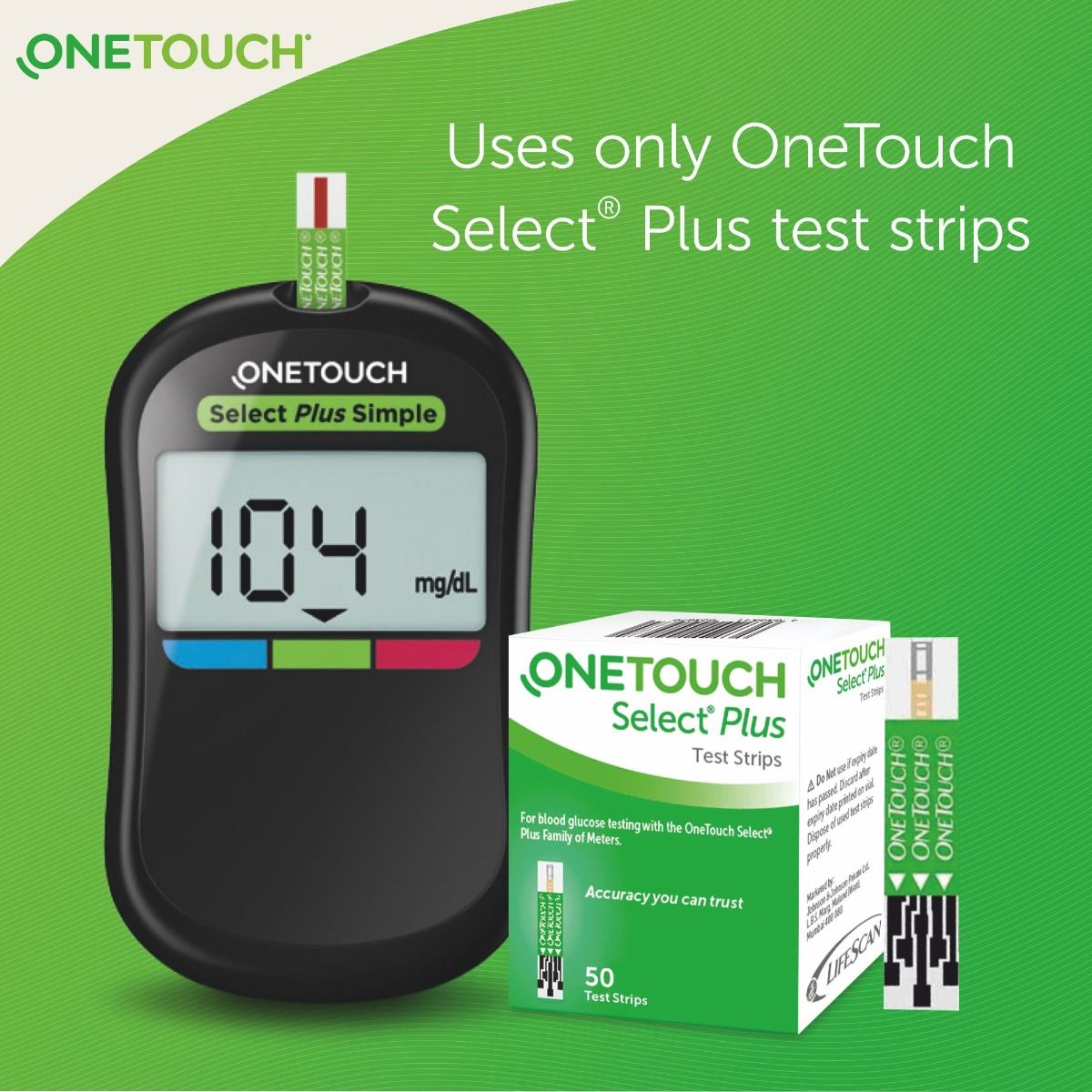 OneTouch Select Plus Simple Glucometer (FREE 10 strips + lancing device + 10 lancets), 1 Kit, Pack of 1 