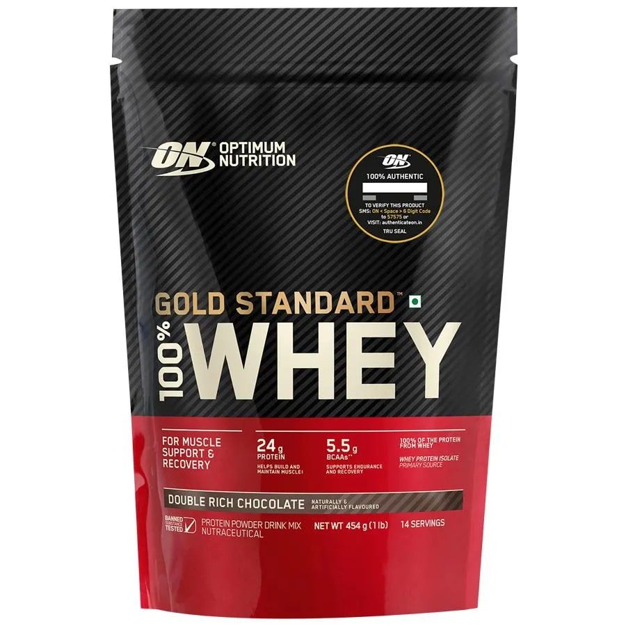 Buy Optimum Nutrition (ON) Gold Standard 100% Whey Protein Double Rich Chocolate Flavour Powder, 1 lb Online