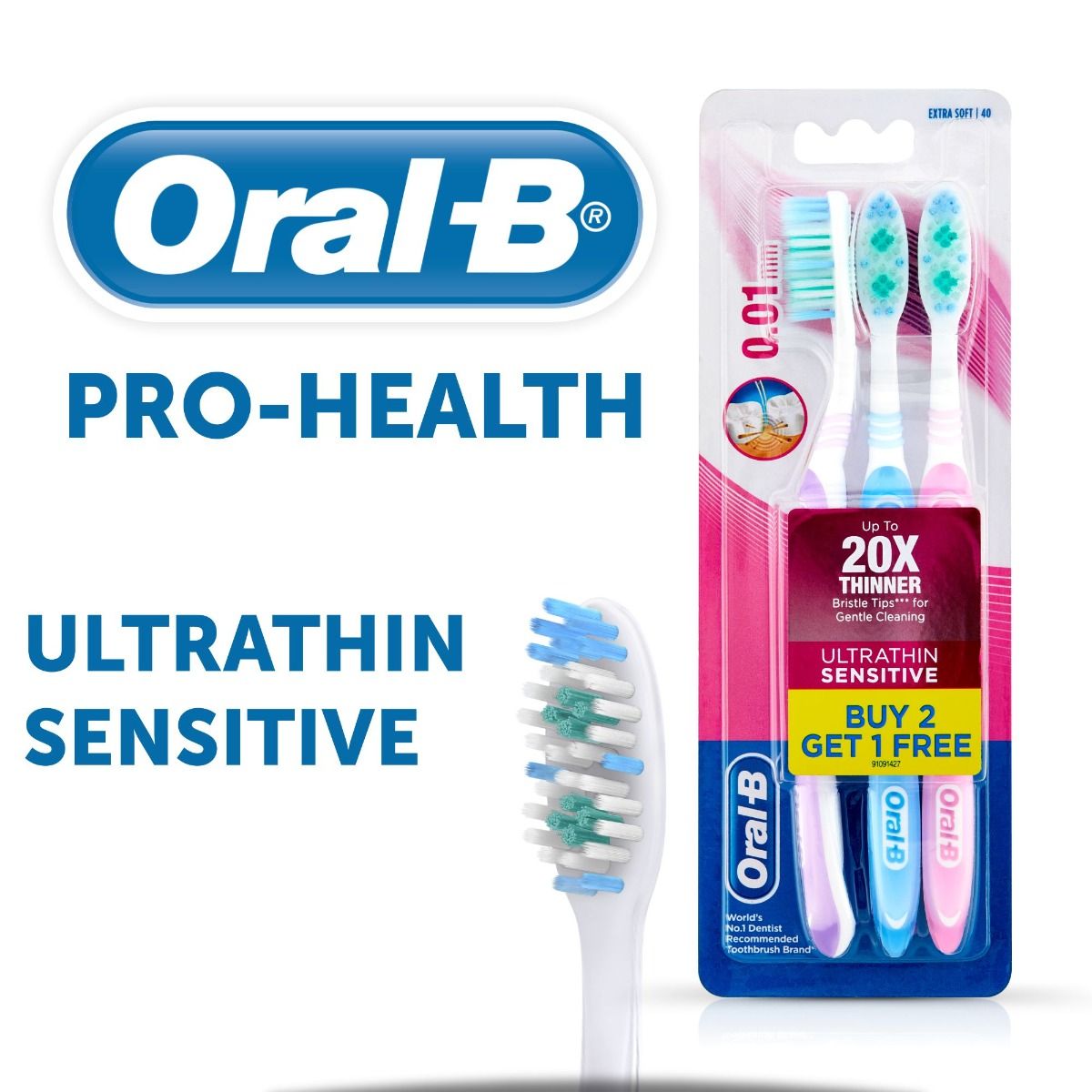 Oral-B Pro-Health Ultrathin Sensitive Toothbrush, 3 Count (Buy 2, Get 1 Free), Pack of 1 