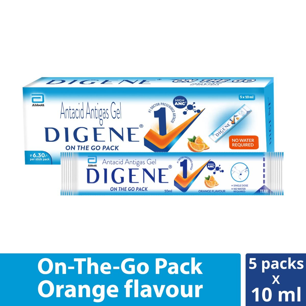 Buy Digene On The Go Pack Orange Flavour Antacid Antigas Gel, 5x10 ml Online