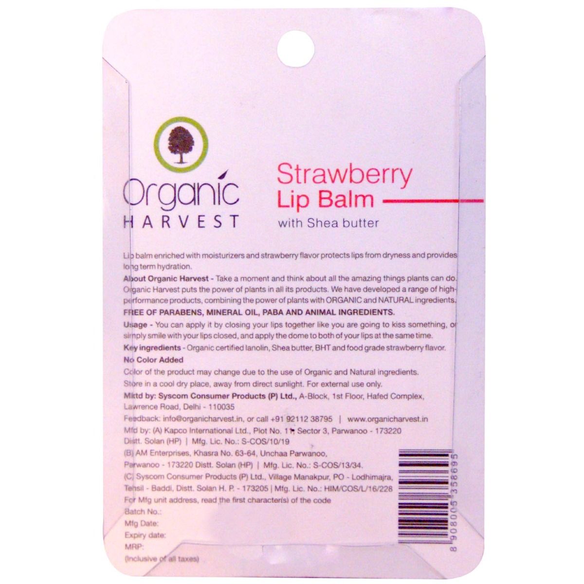 Organic Harvest Strawberry Lip Balm, 10 gm, Pack of 1 