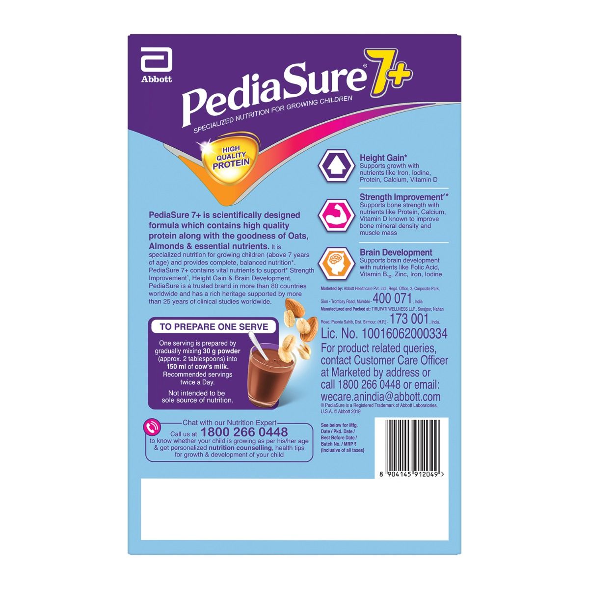 Pediasure Chocolate Flavoured Kids Nutrition Drink 7+ Years, 400 gm Refill Pack, Pack of 1 
