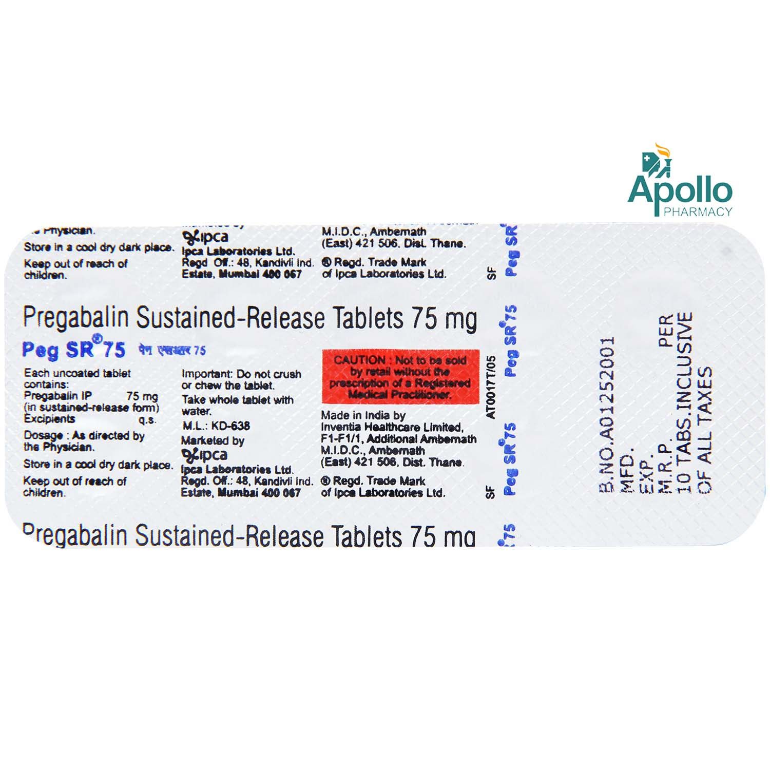 Peg SR 75 Tablet 10's Price, Uses, Side Effects, Composition Apollo