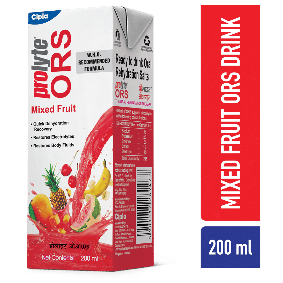 Prolyte ORS Mixed Fruit Flavour Energy Drink, 200 ml Price, Uses, Side