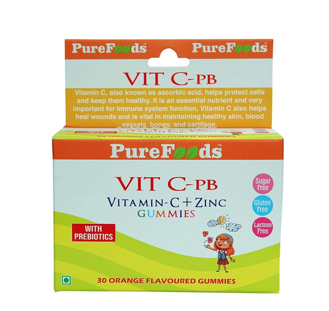 Buy Pure Foods Vit C-Pb Vitamin-C+Zinc Orange Flavour, 30 Gummies Online