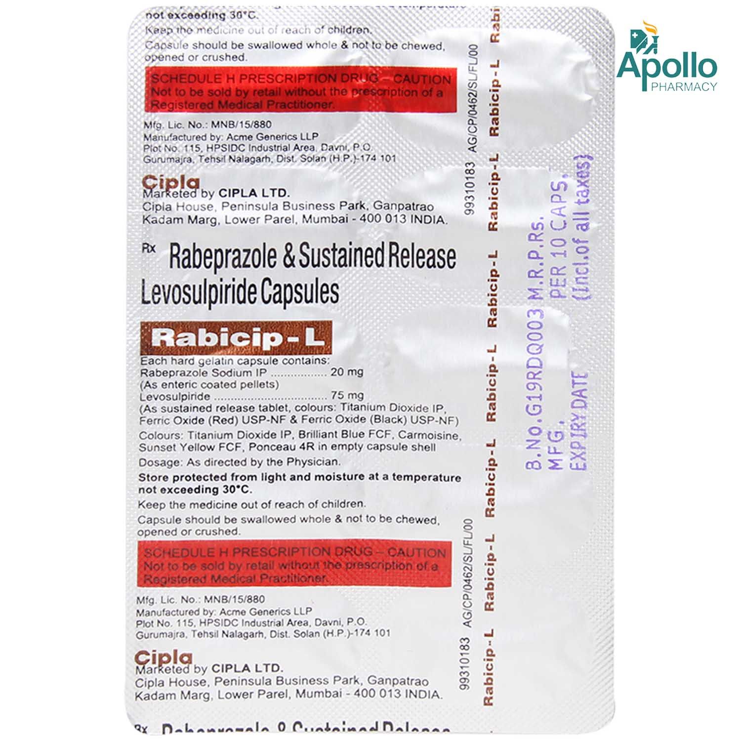 Rabicip L Capsule 10's Price, Uses, Side Effects, Composition Apollo