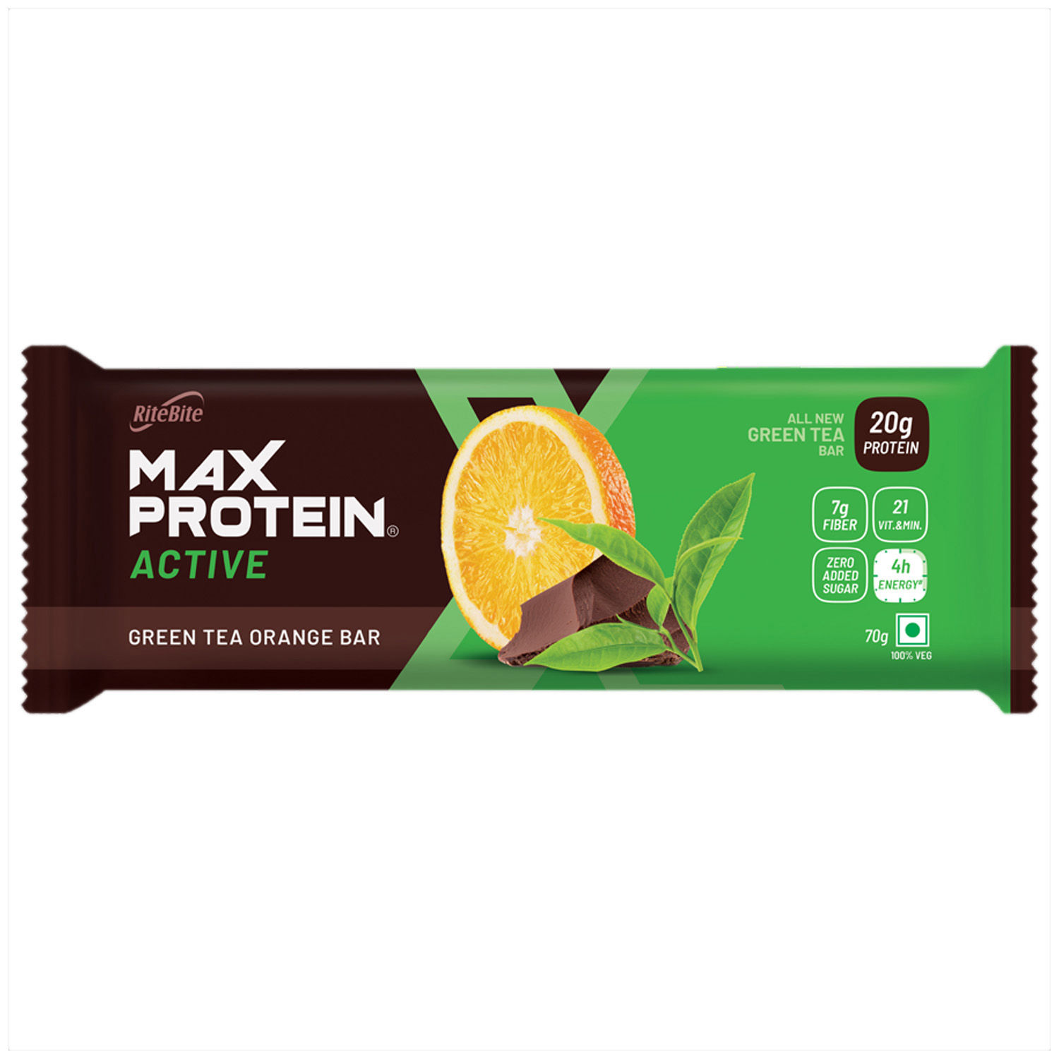 Buy RiteBite Max Protein Green Tea Orange Bar, 70 gm Online