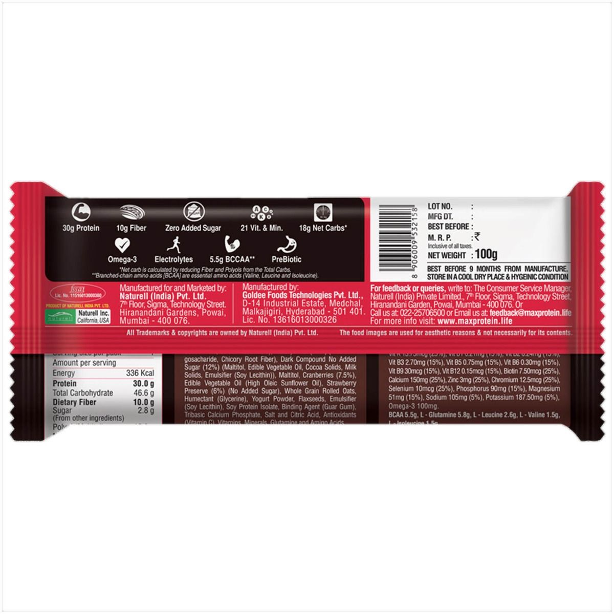 Ritebite Max Protein Ultimate Choco Berry Bar, 100 gm, Pack of 1 