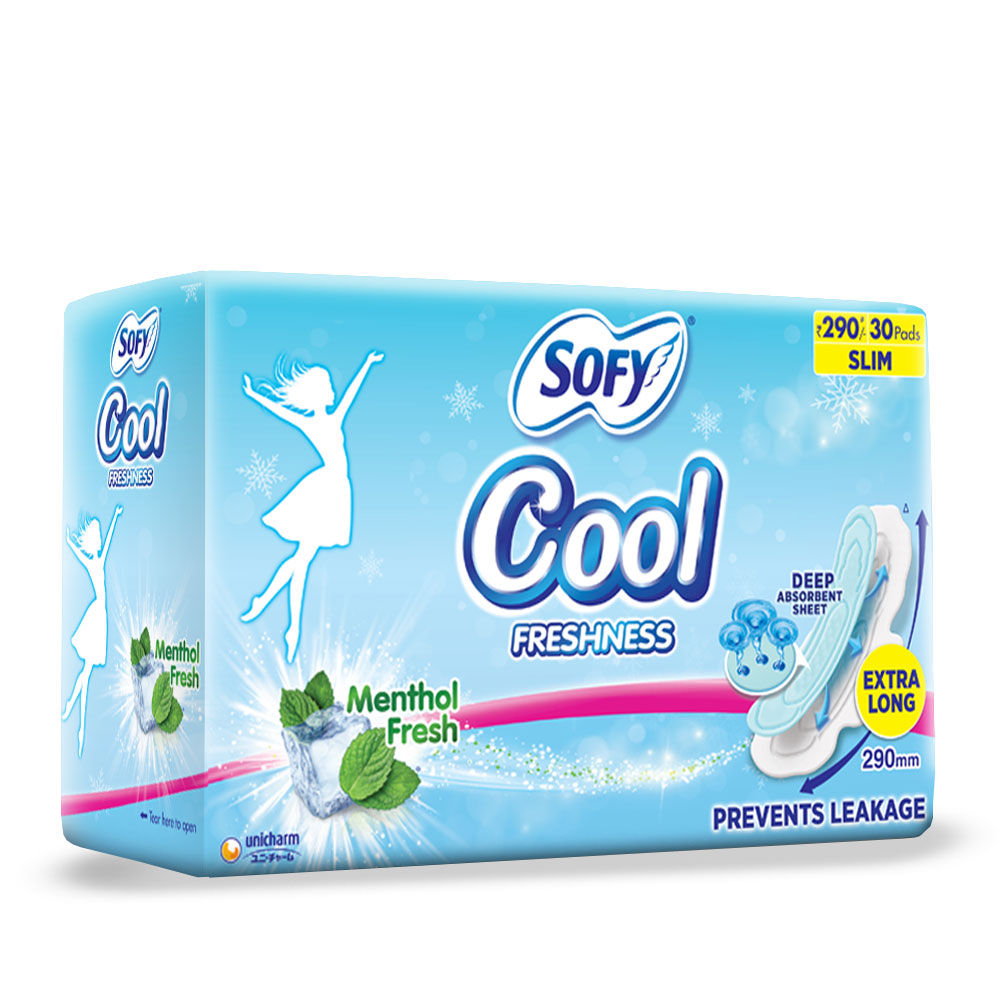 Sofy Cool Freshness Menthol Fresh Sanitary Pads Extra Long, 30 Count, Pack of 1 