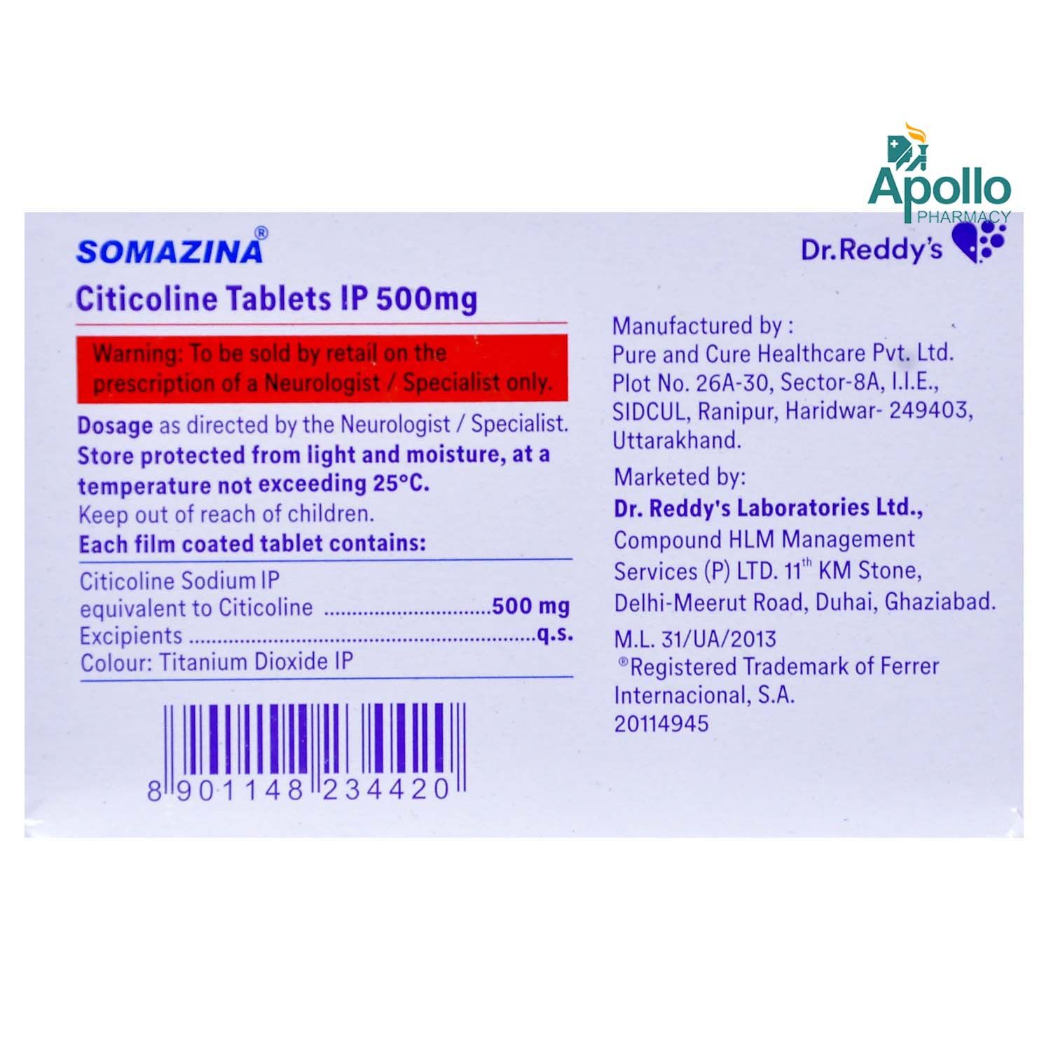 Somazina 500 mg Tablet 10's, Pack of 10 TABLETS