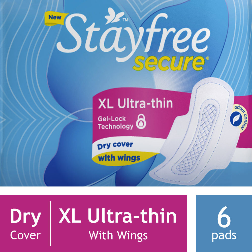 Stayfree Secure Ultra-Thin Dry Cover Pads With Wings XL, 6 Count, Pack of 1 