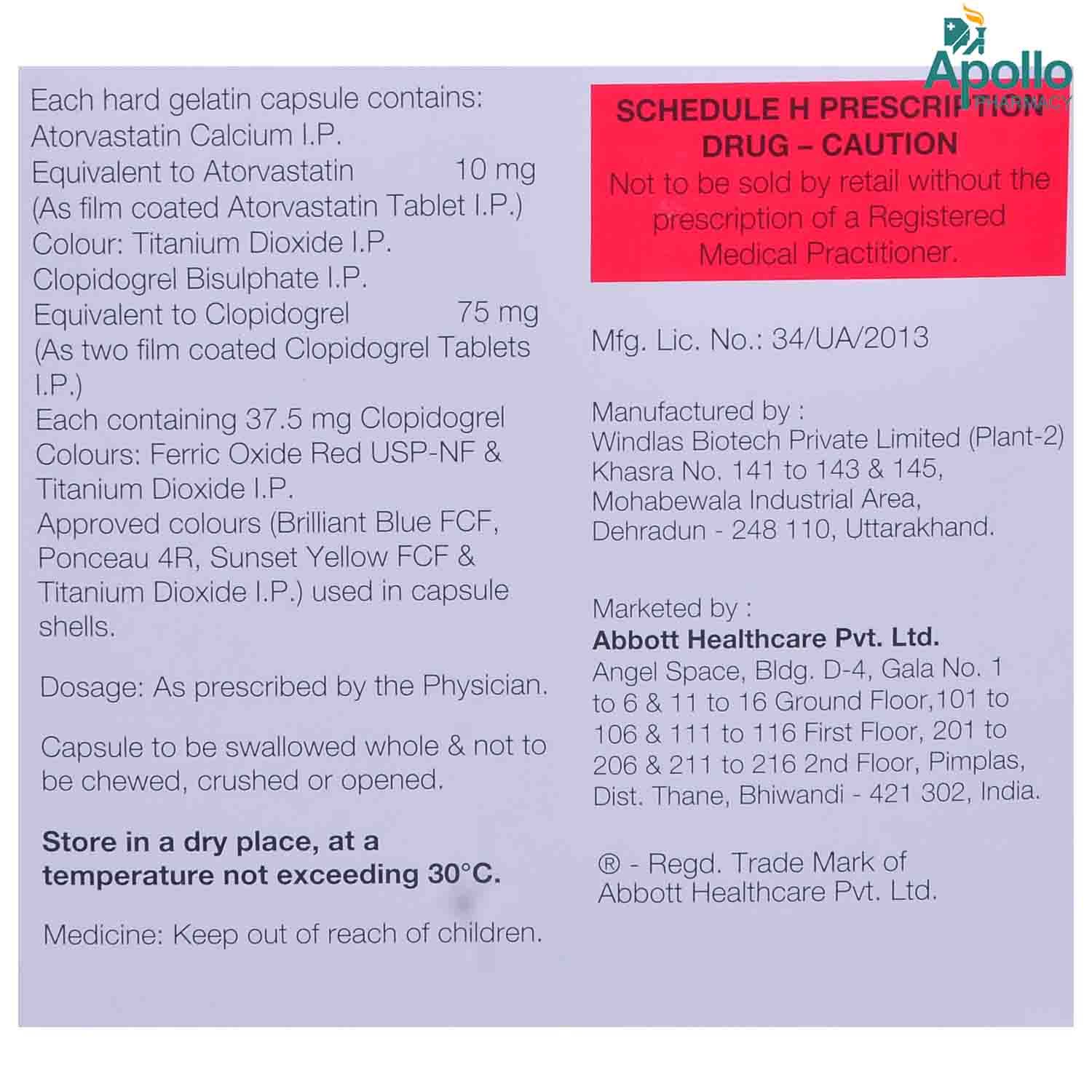 Stator CV 10 mg/75 mg Capsule 15's Price, Uses, Side Effects
