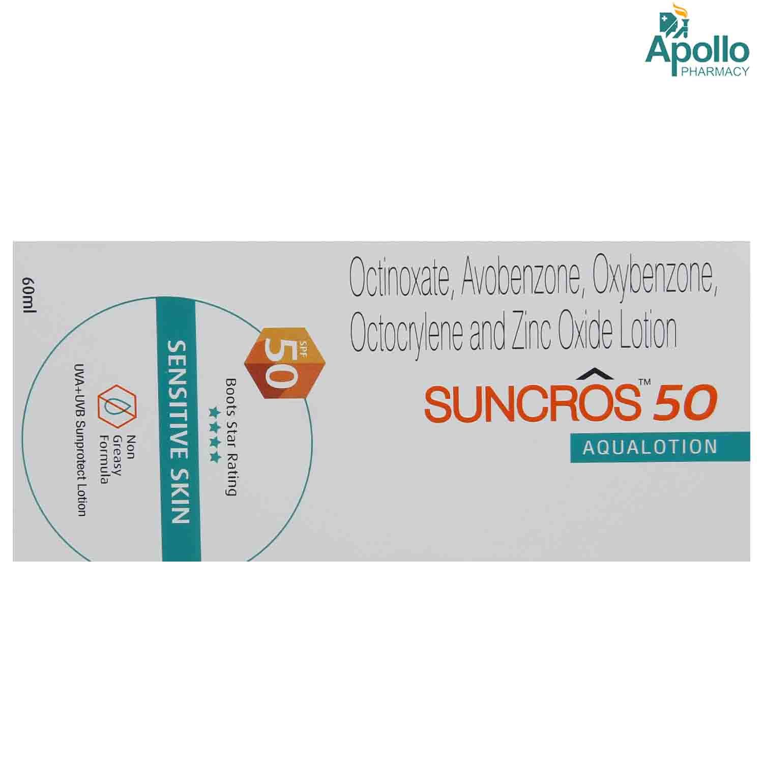 Suncros 50 Aqualotion 60 ml Price, Uses, Side Effects, Composition - Apollo Pharmacy