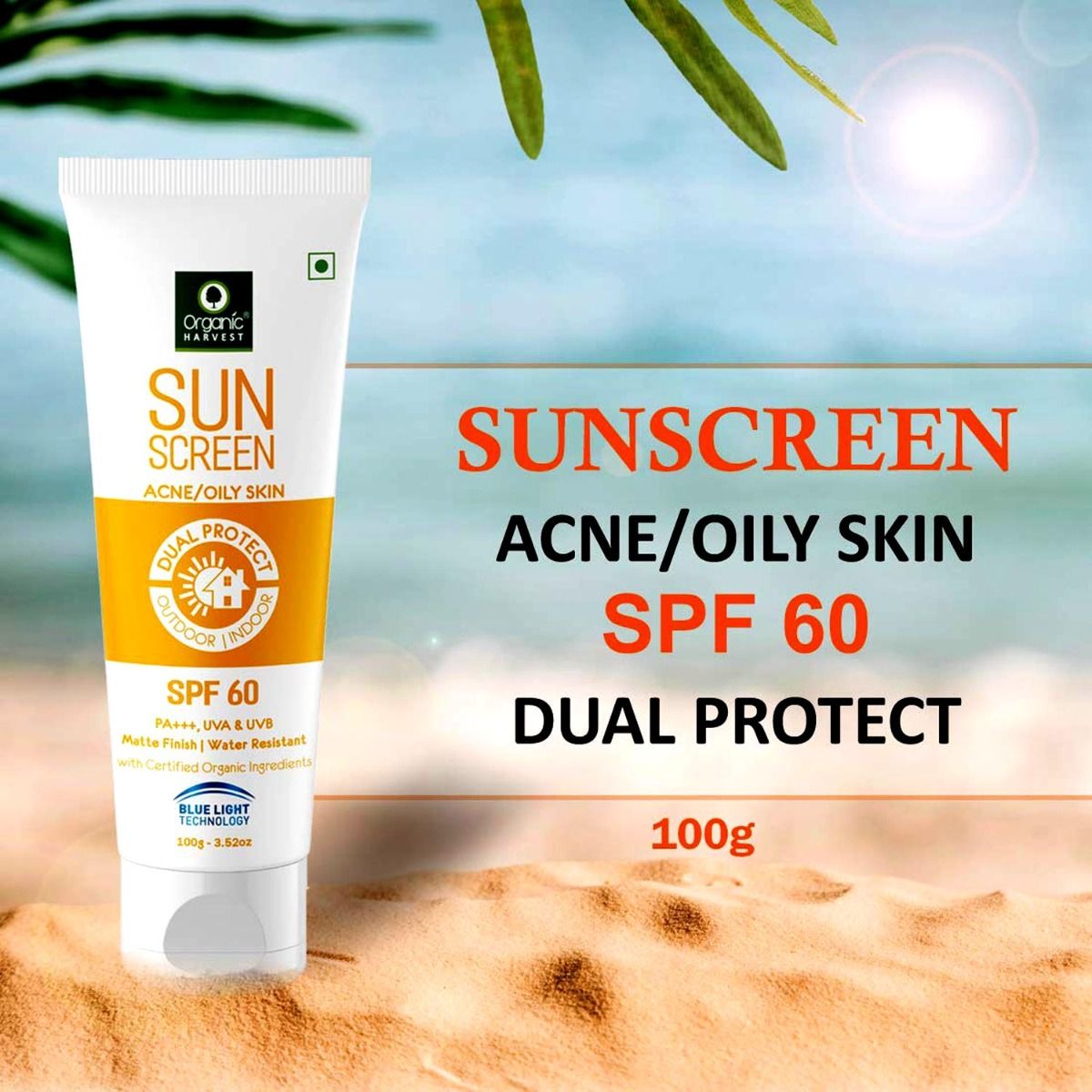 Organic Harvest Sunscreen SPF 60 PA+++ UVA & UVB For Acne/Oily Skin, 100 gm, Pack of 1 