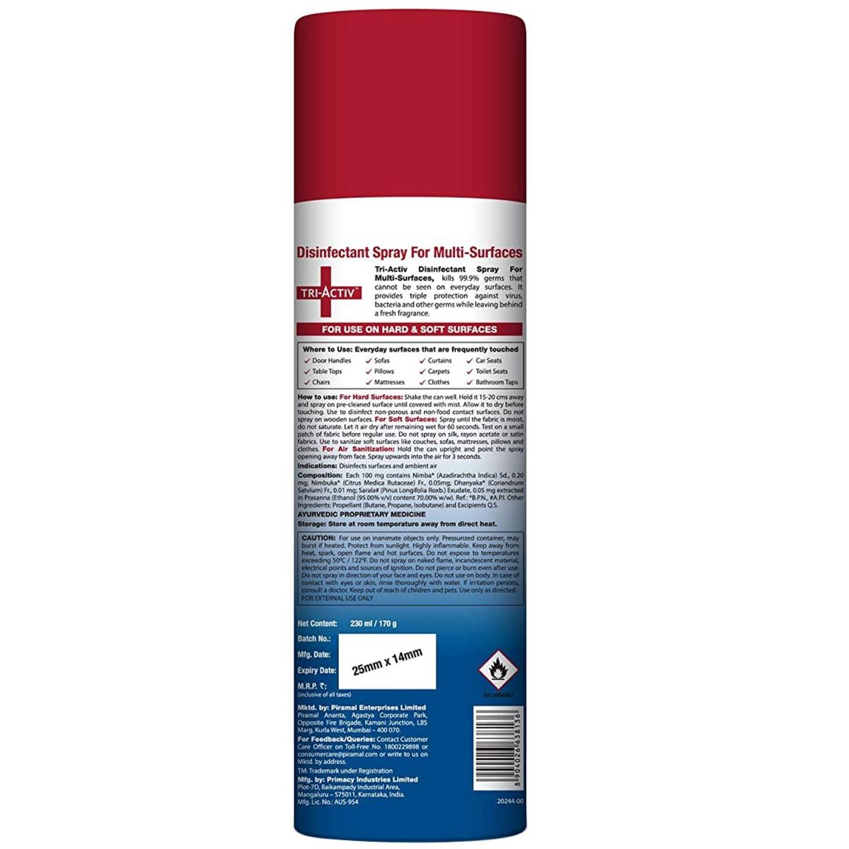 Tri-Activ Multi-Surfaces Disinfectant Spray, 230 ml, Pack of 1 