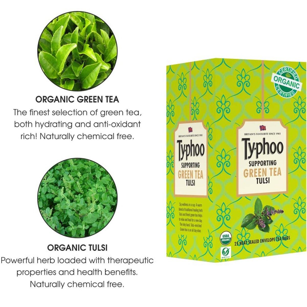 Ty.phoo Supporting Green Tea Tulsi Bags, 25 Count, Pack of 1 