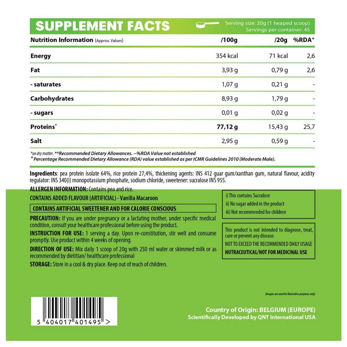 QNT Vegan Protein Vanilla Macaroon Flavour Powder, 908 gm, Pack of 1 