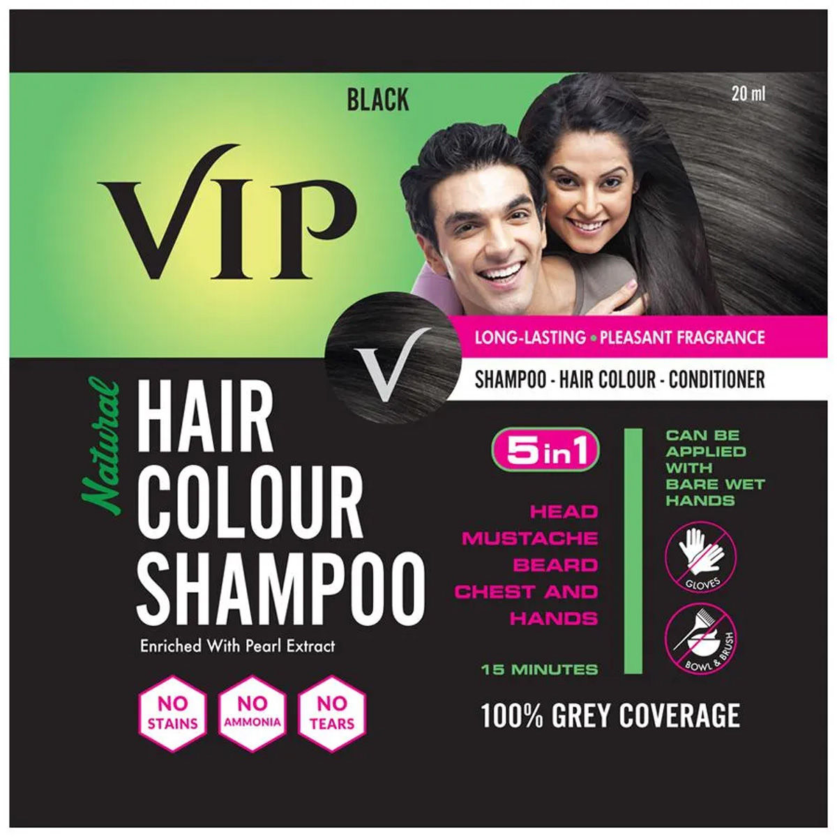 VIP Natural Black Hair Colour Shampoo, 20 ml Price, Uses, Side Effects,  Composition - Apollo Pharmacy