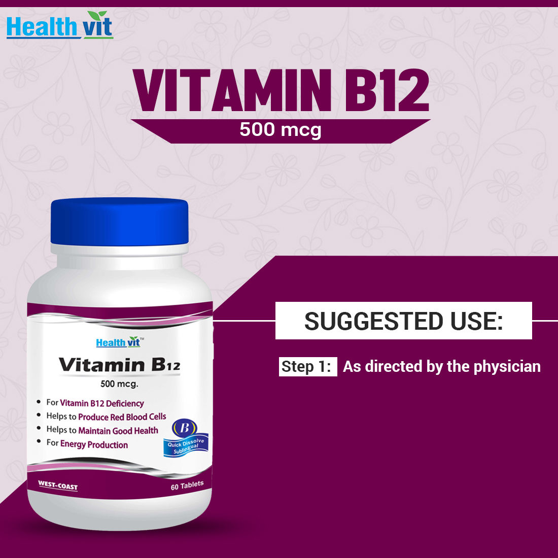 Healthvit Vitamin B12 500mcg - 60 Tablets, Pack of 1 