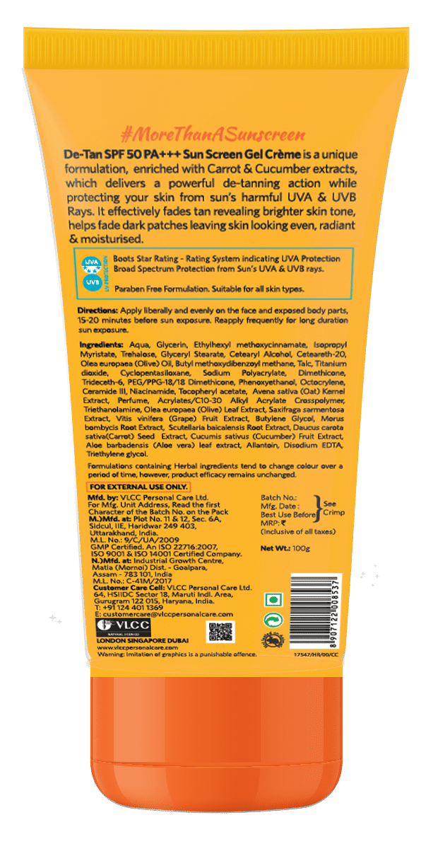 VLCC De-Tan SPF 50 PA+++ Sunscreen Gel Creme, 100 gm, Pack of 1 