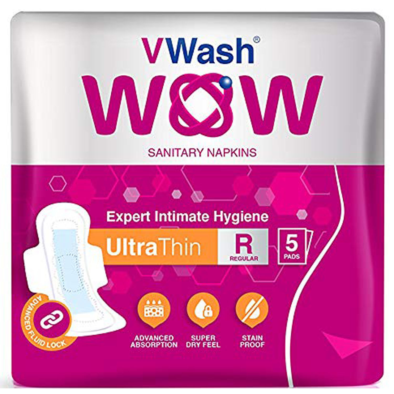 VWash Wow Ultra Thin Sanitary Napkins Regular, 5 Count, Pack of 1 