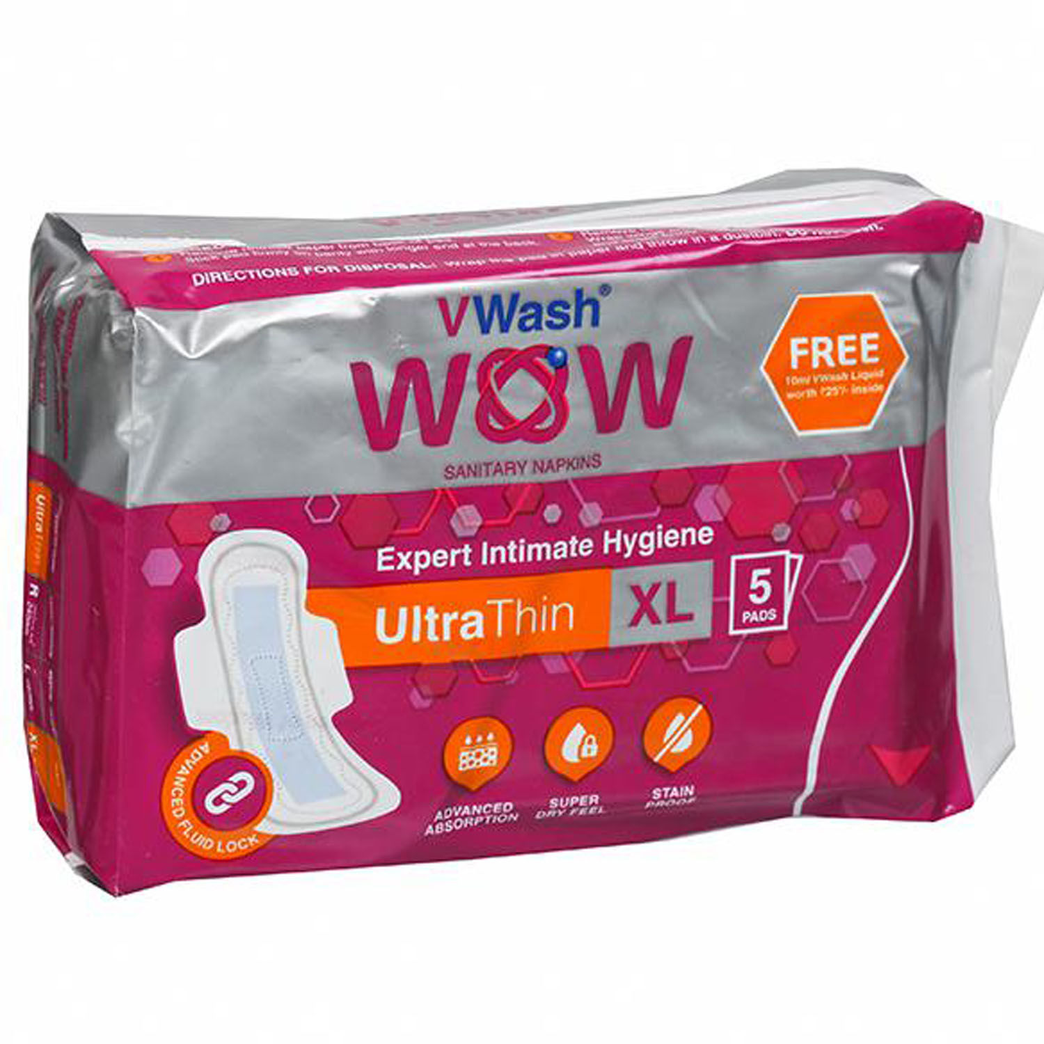 VWash Wow Ultra Thin Sanitary Napkins, XL, 5 Count, Pack of 1 
