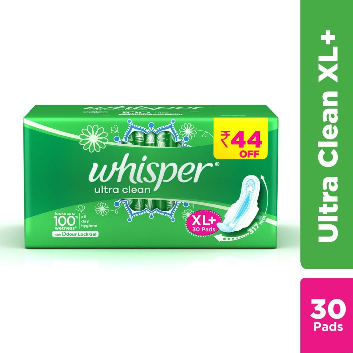 Whisper Ultra Clean Wings Sanitary Pads XL+, 30 Count, Pack of 1 