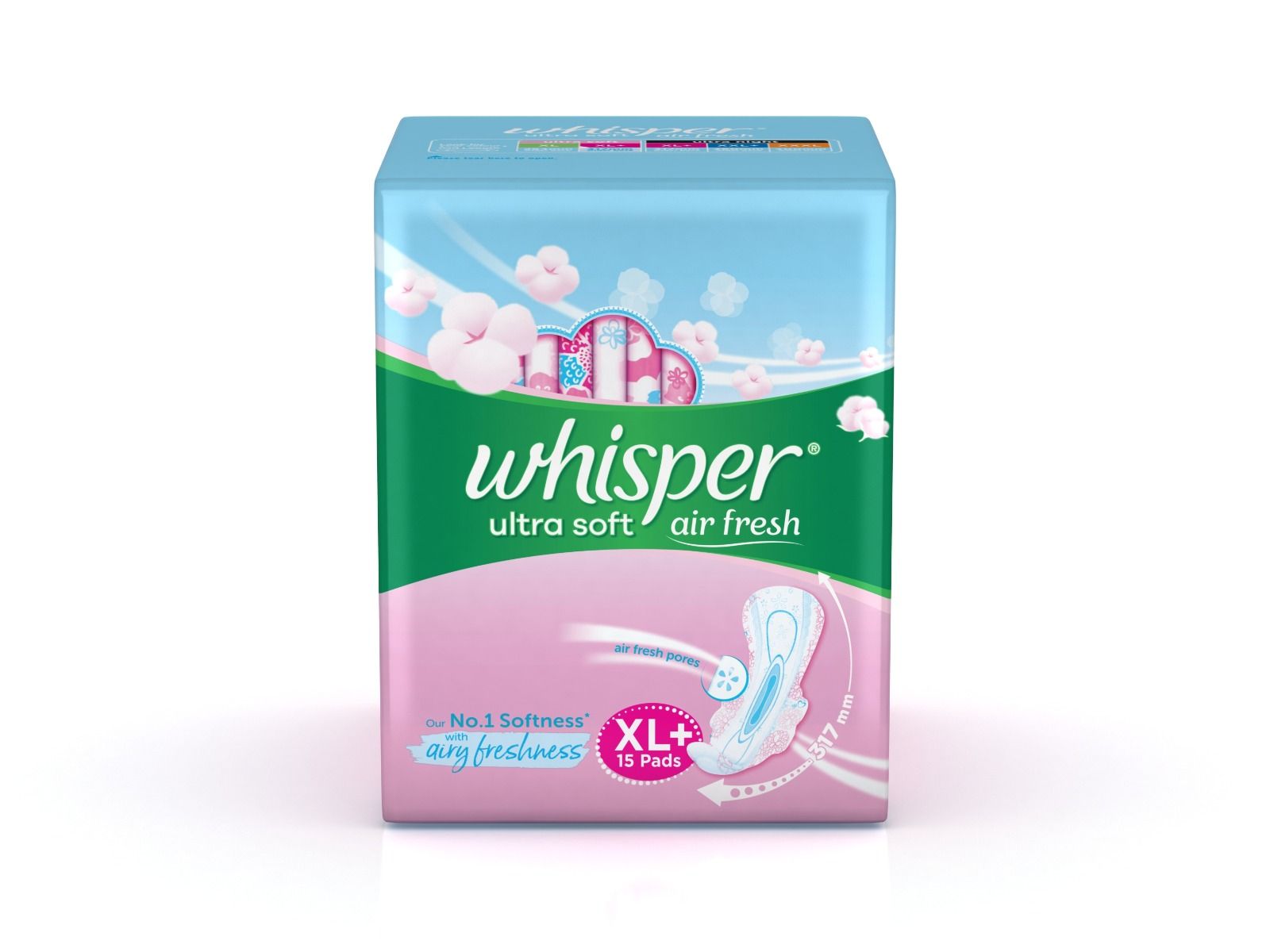 Whisper Ultra Soft Air Fresh Sanitary Pads, XL+, 15 Count, Pack of 1 