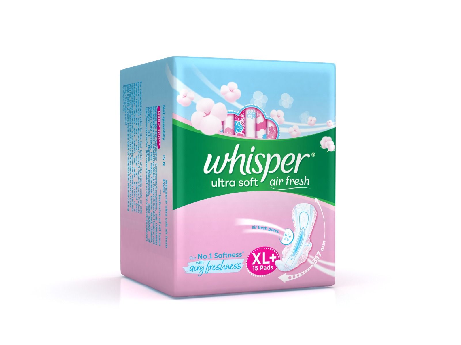 Whisper Ultra Soft Air Fresh Sanitary Pads, XL+, 15 Count, Pack of 1 