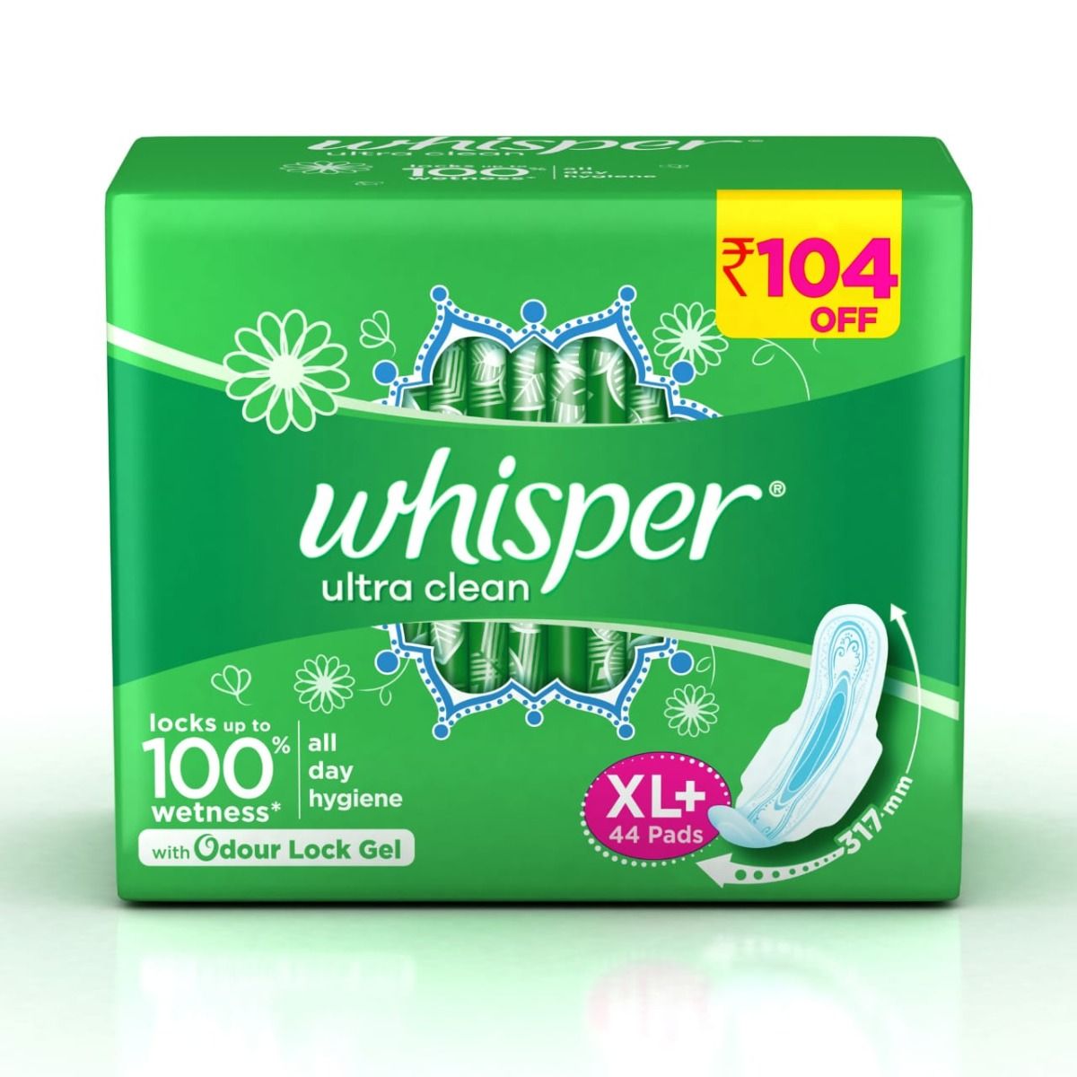 Whisper Ultra Clean Wings Sanitary Pads XL+, 44 Count Price, Uses, Side