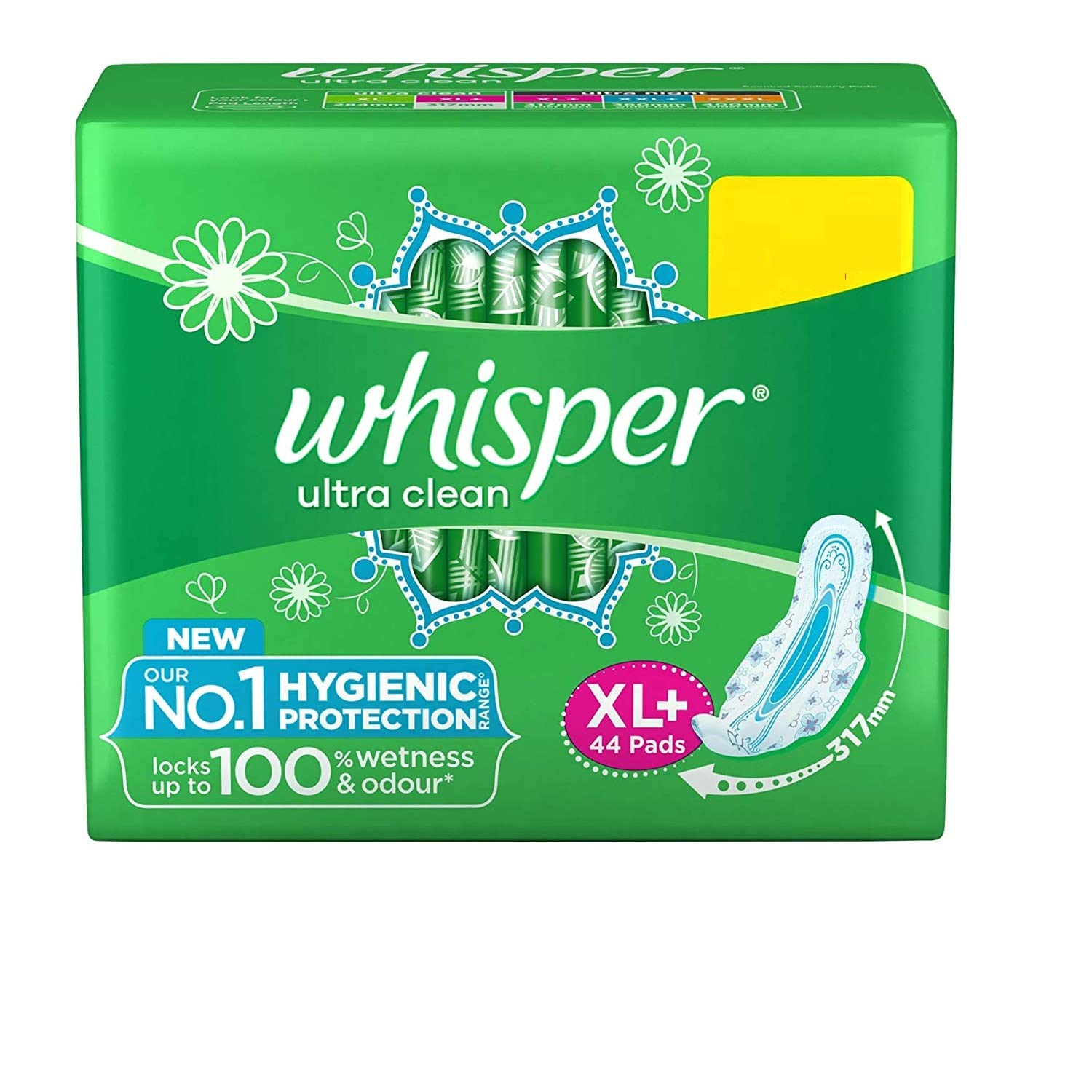 Whisper Ultra Clean Wings Sanitary Pads XL+, 44 Count, Pack of 1 