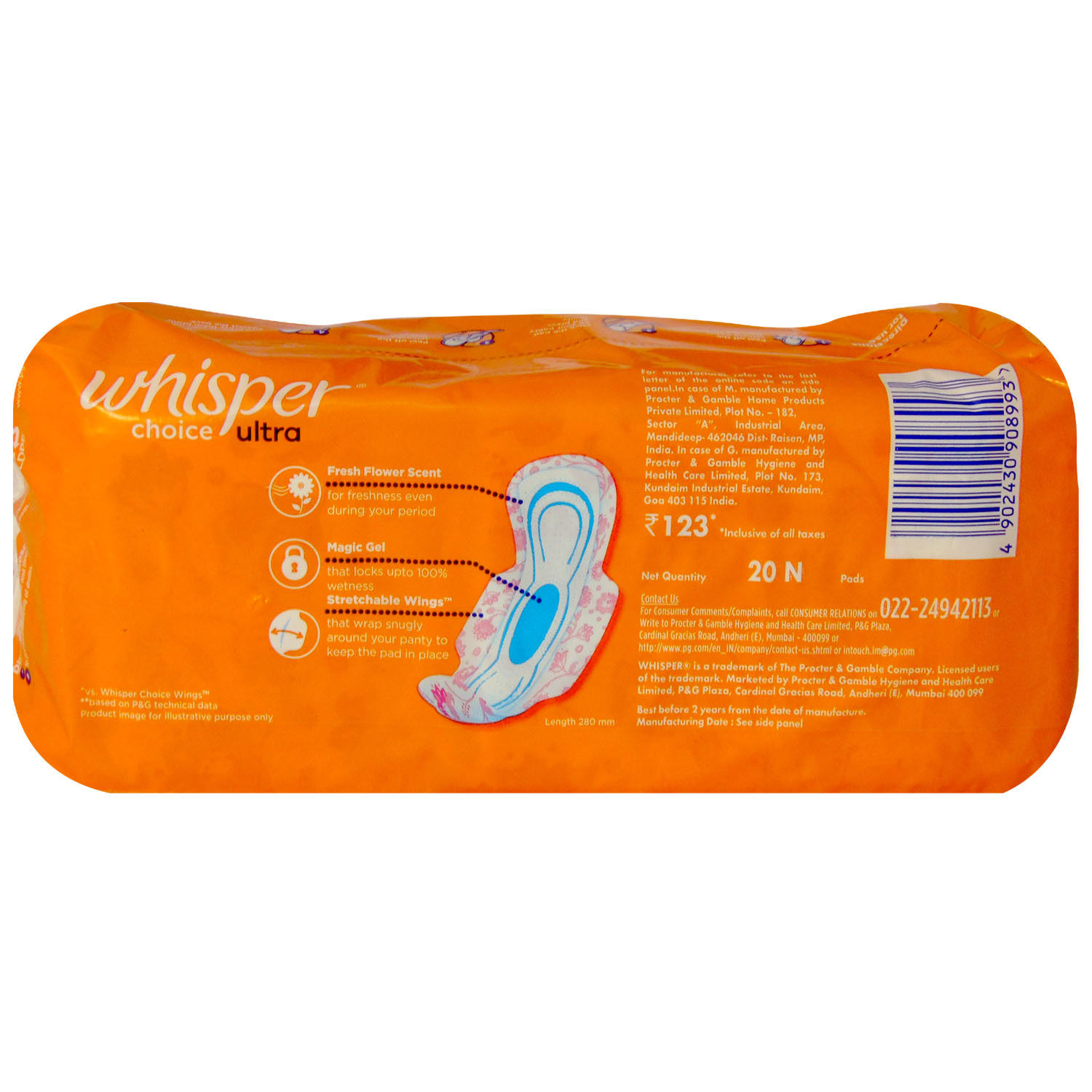 Whisper Choice Ultra Wings Sanitary Pads Regular, 20 Count, Pack of 1 