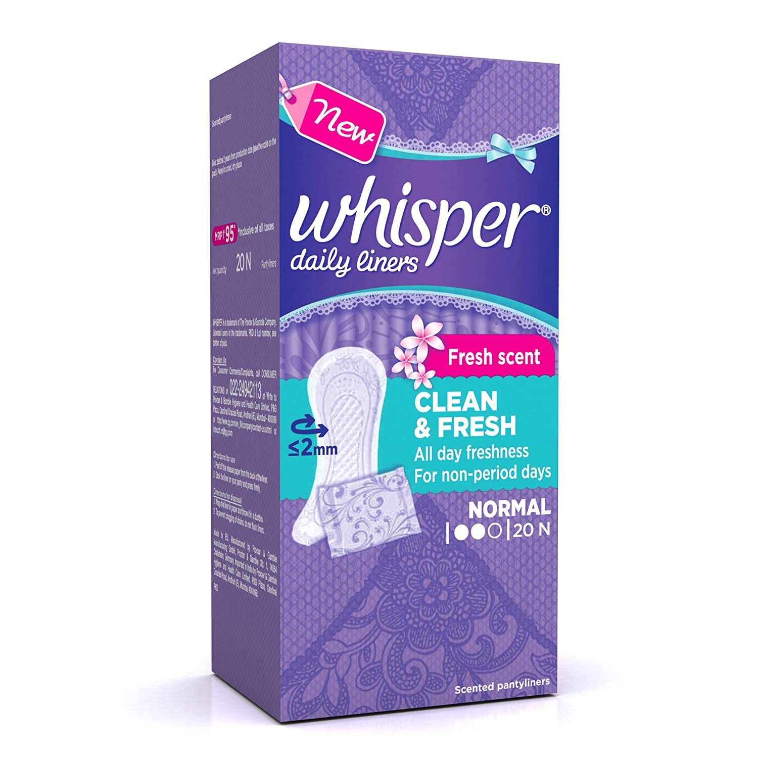 Whisper Clean & Fresh Daily Liners Normal, 20 Count Price, Uses, Side