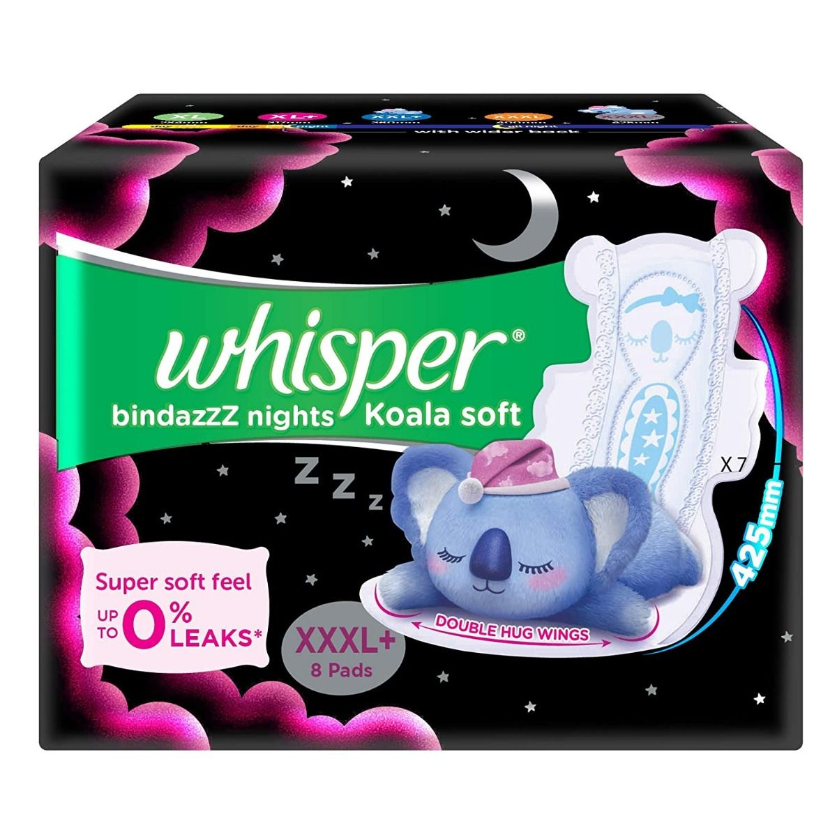 Whisper Bindazz Nights Koala Soft Sanitary Pads XXXL+, 8 Count, Pack of 1 