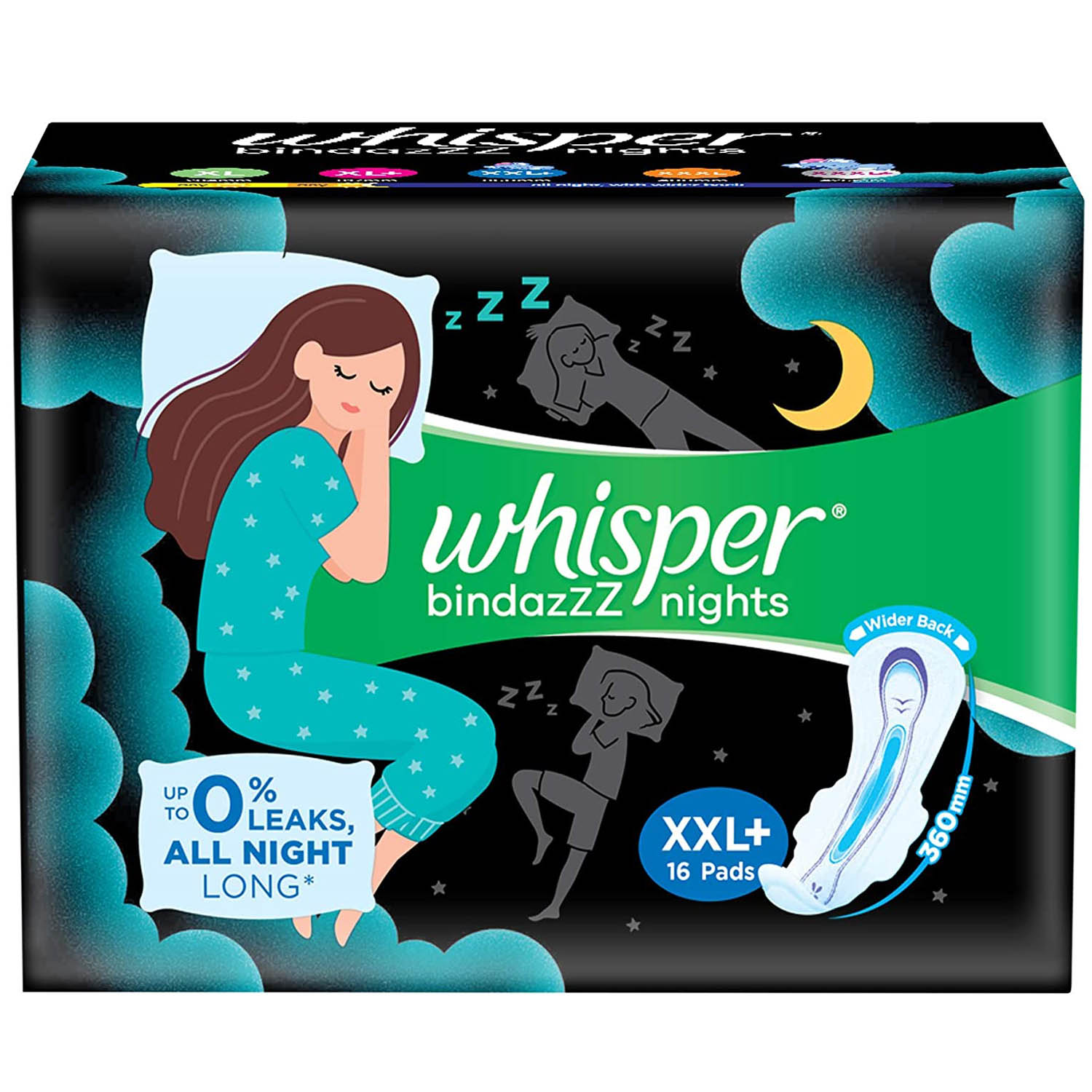 Whisper Bindazz Nights Sanitary Pads XXL+, 16 Count, Pack of 1 