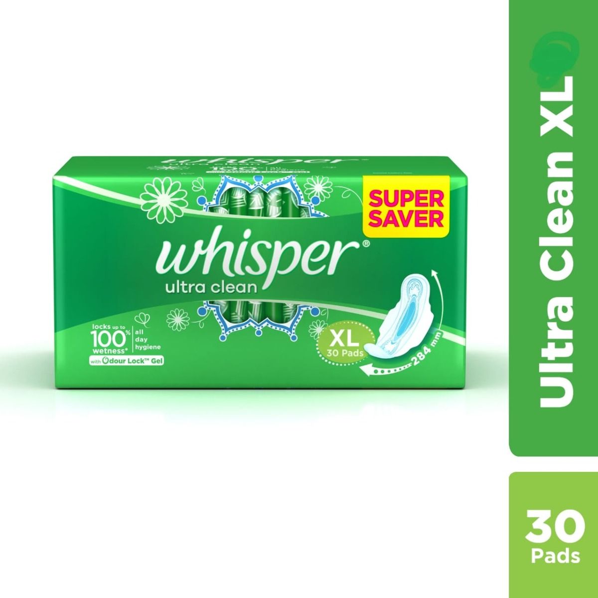 Whisper Ultra Clean Wings Sanitary Pads XL, 30 Count, Pack of 1 