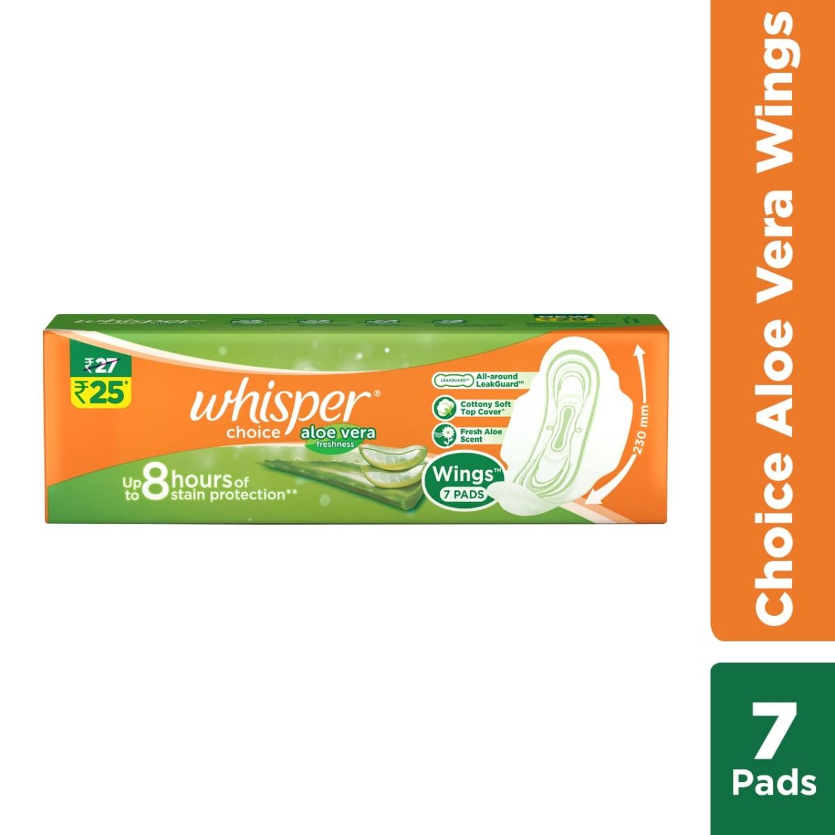 Whisper Choice Aloe Vera Freshness Wings Sanitary Pads, 7 Count, Pack of 1 