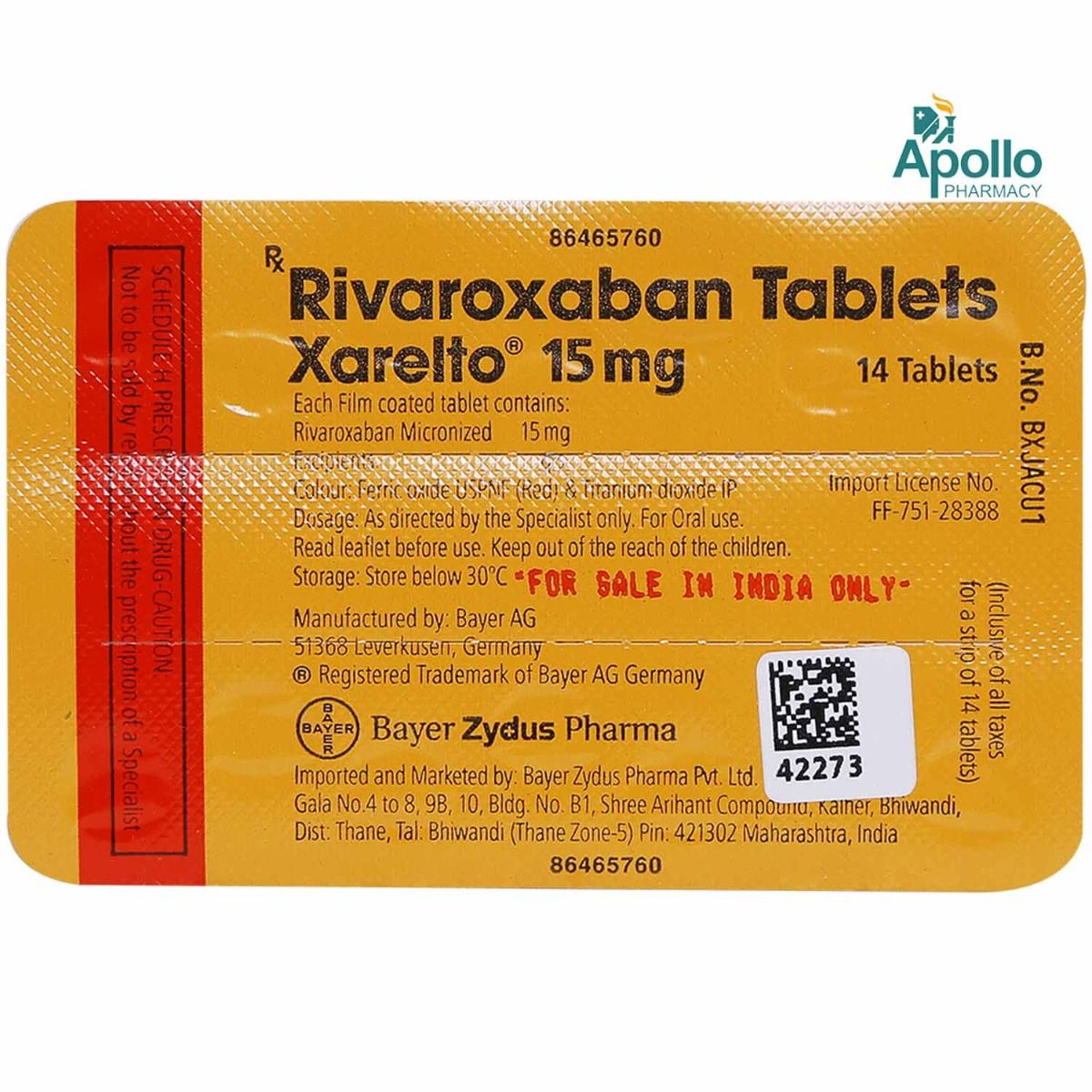 Xarelto 15 mg Tablet,14's Price, Uses, Side Effects, Composition